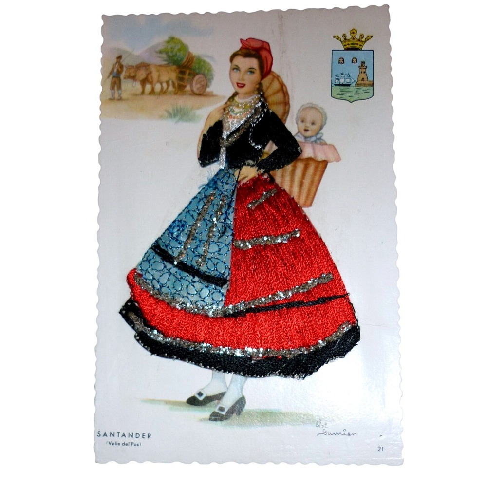 Vintage Santander Spain Silk Embroidered Postcard Traditional Dress Valle Pas
